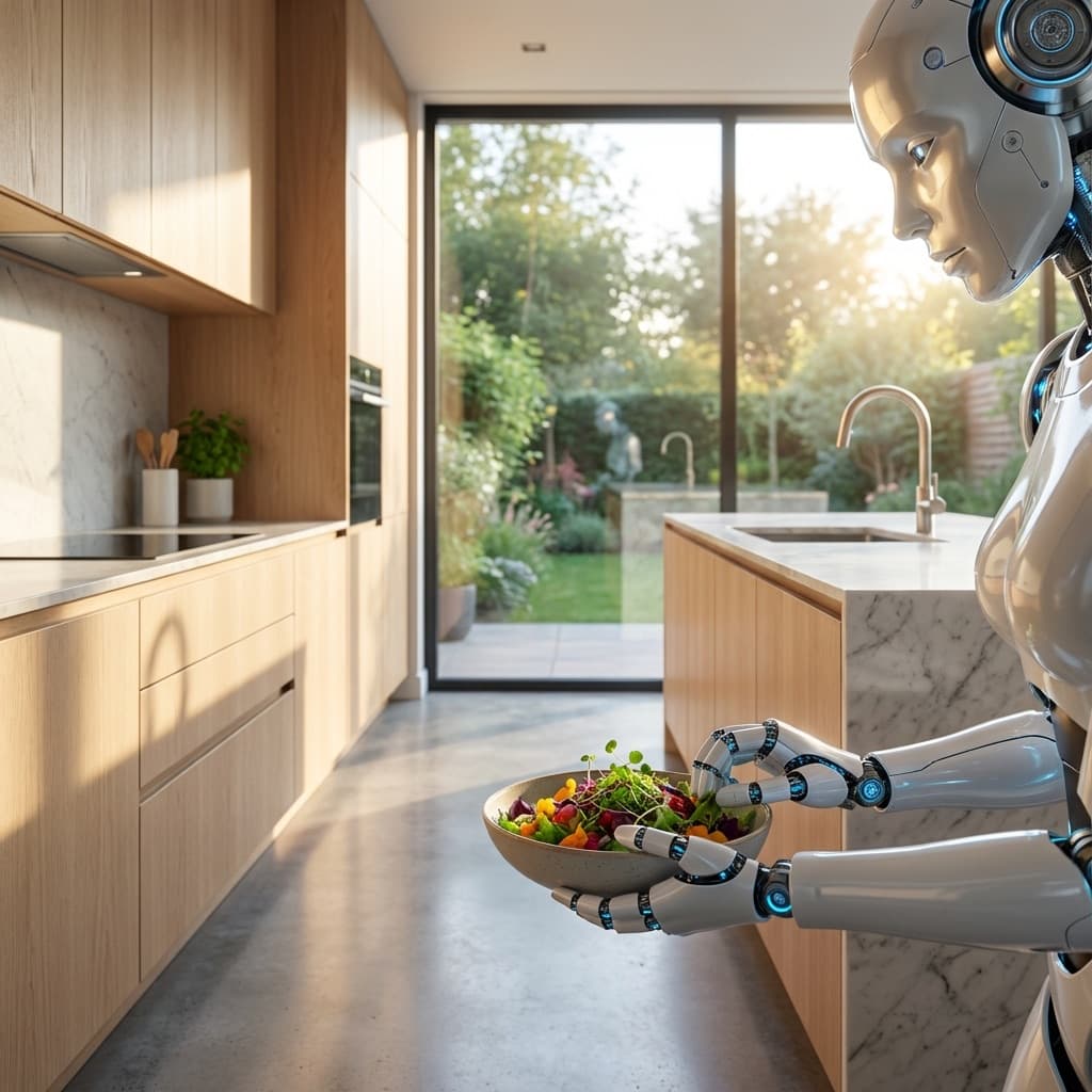 Robot-kock som tillagar en gourmetmåltid i ett modernt kök