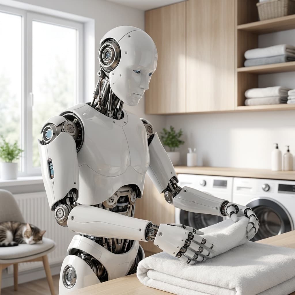 Humanoid robot som viker tvätt i ett ljust hem