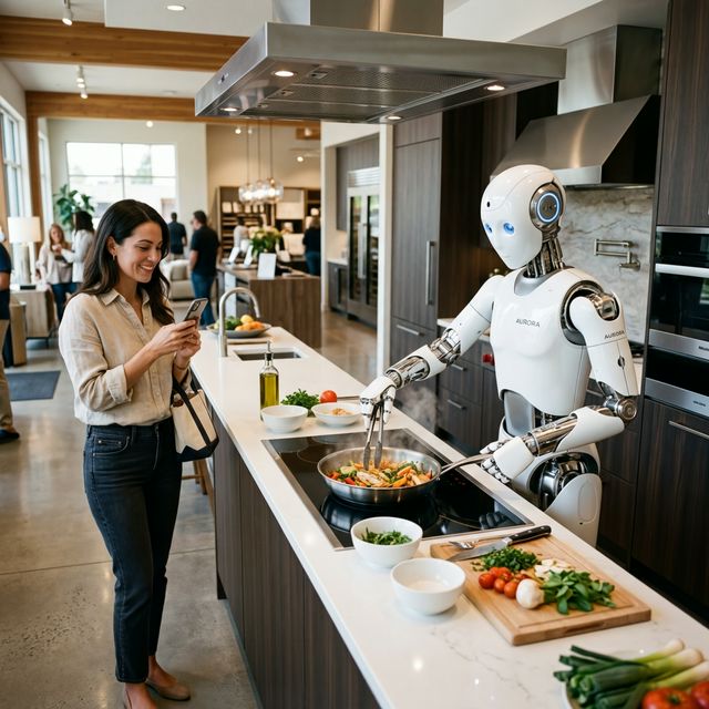 Robot cooking in kitchen